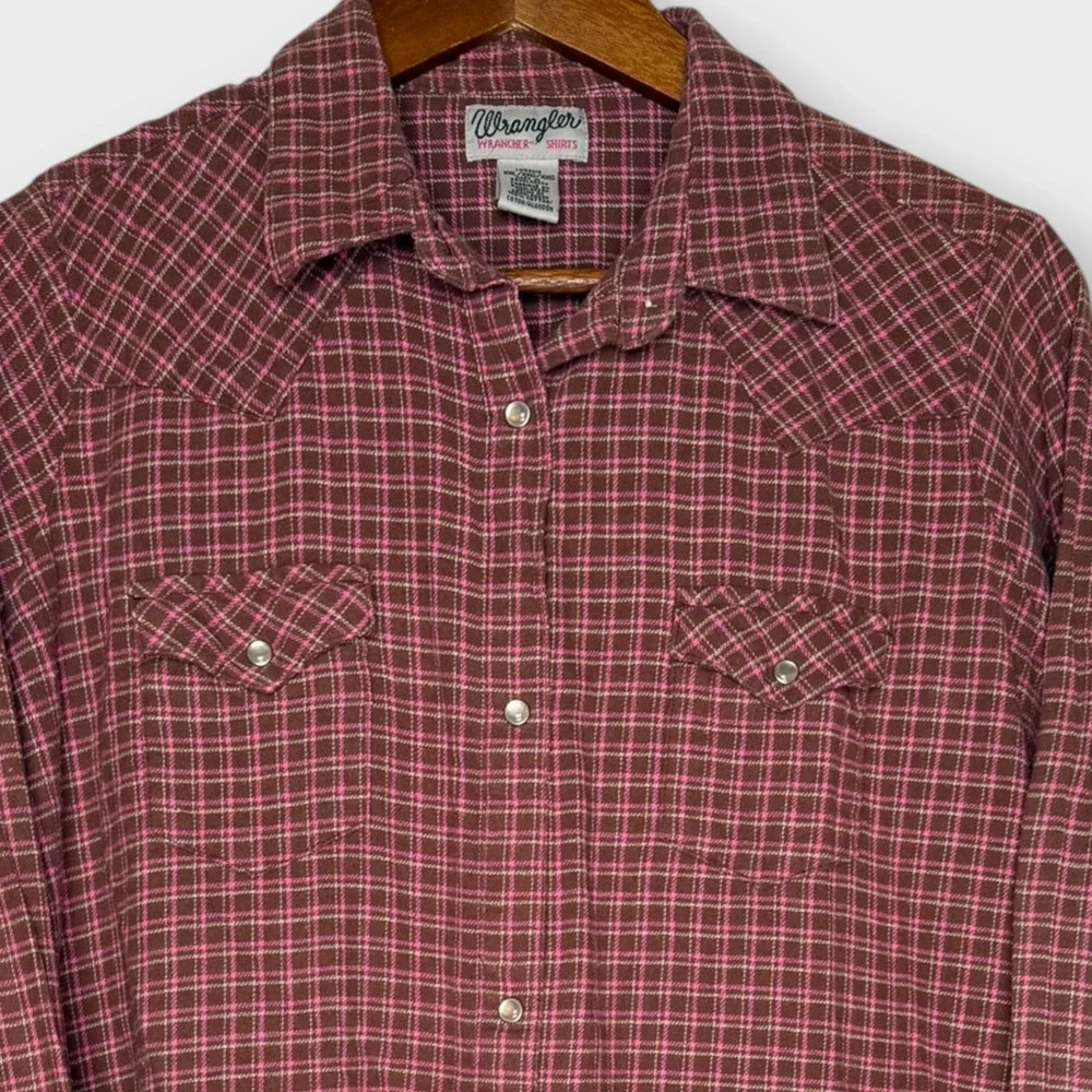 Wrangler Wrancher Pearl Snap Flannel Long Sleeve Shirt Brown Pink Plaid Soft XXL - Picture 1 of 6